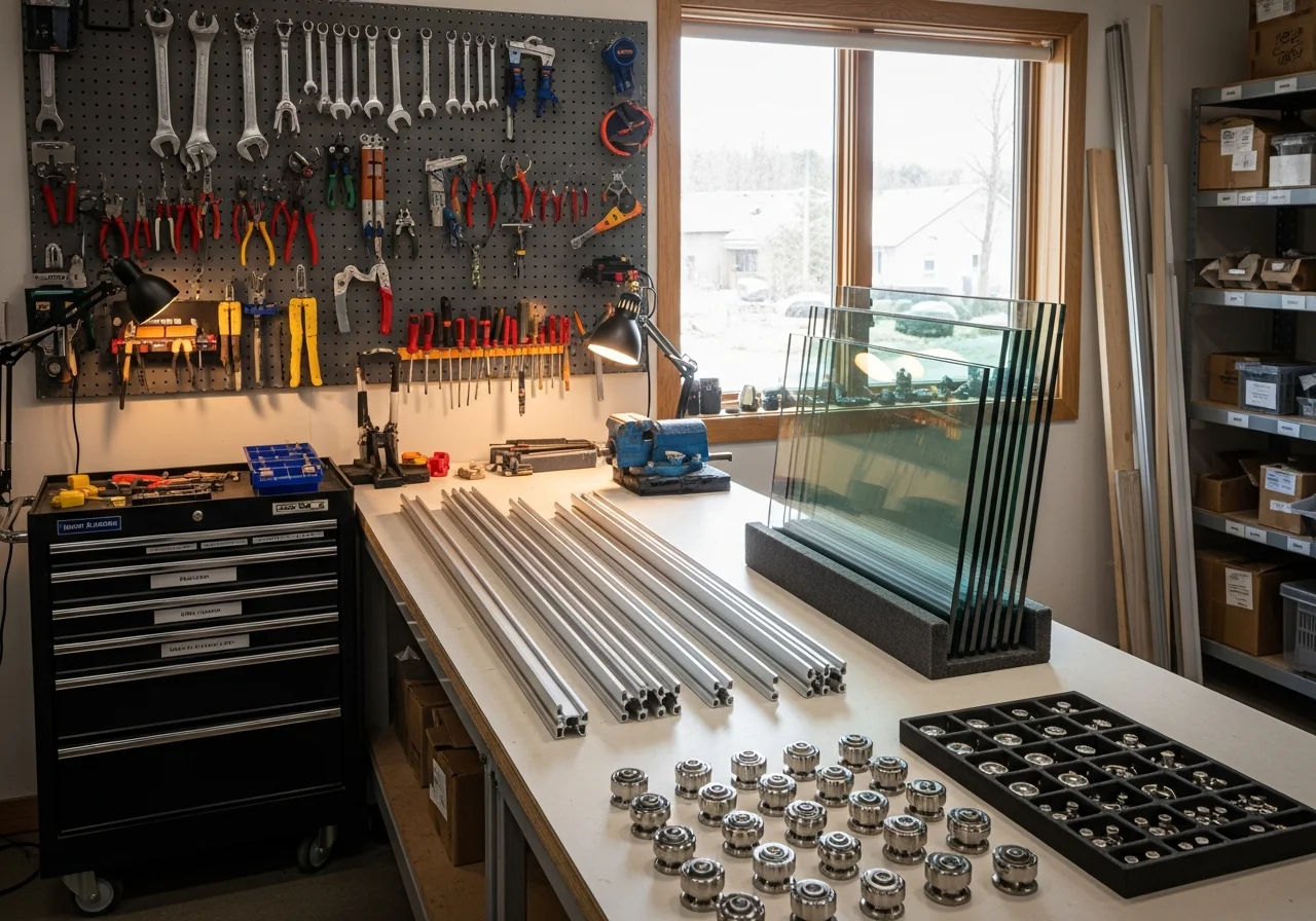 Workshop tools and replacement parts for sliding glass door repair, including rollers, tracks, and hardware.