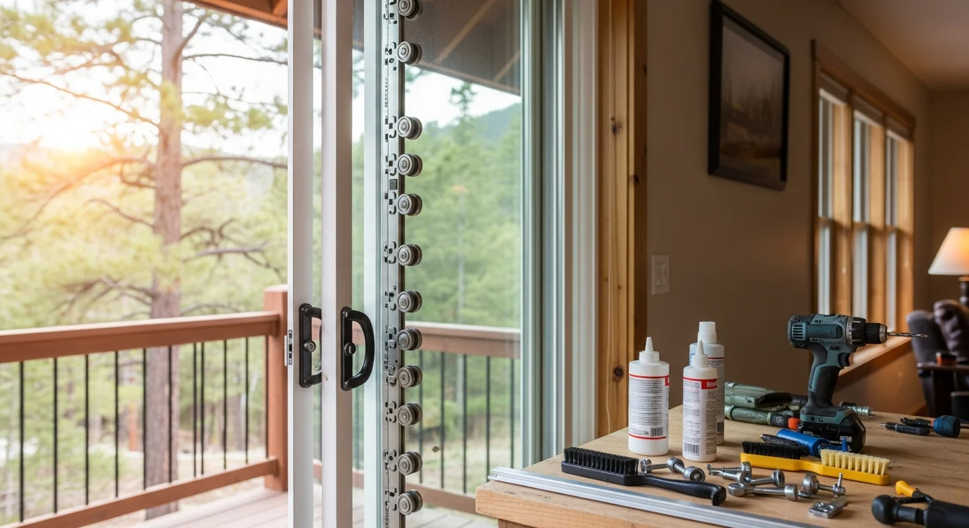 Technician repairing a sliding glass door roller and track