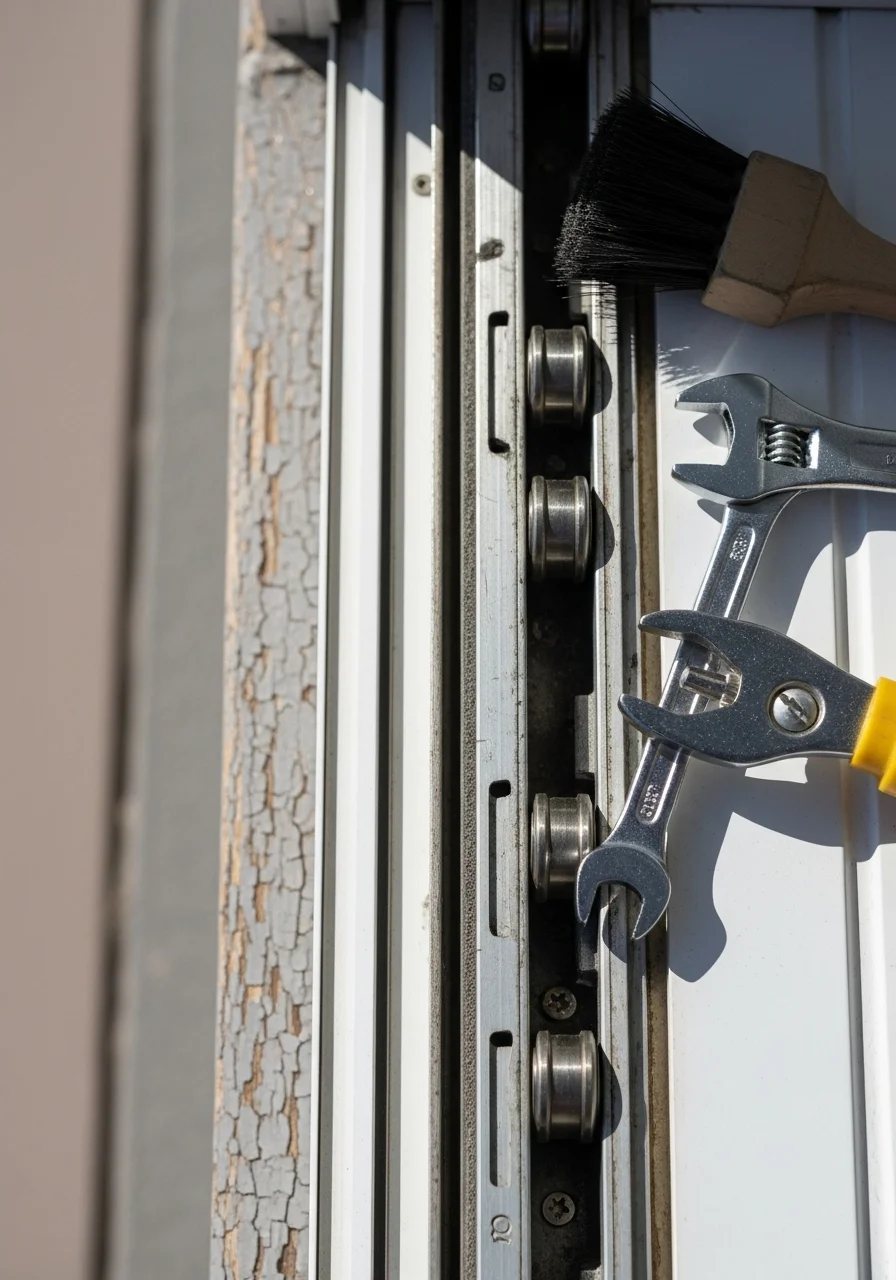 Close-up of sliding glass door track and roller mechanism being repaired