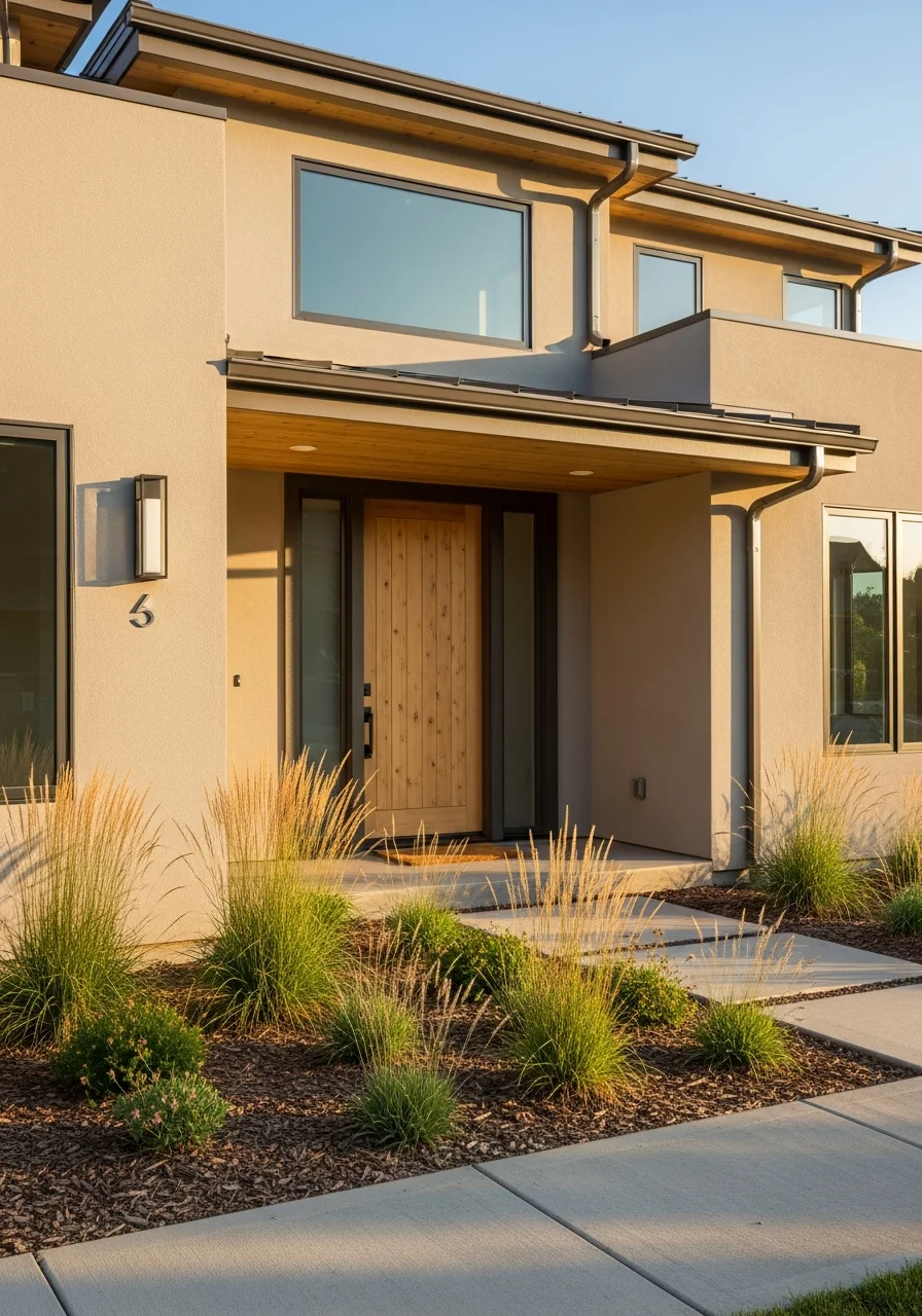 Close-up of a Boulder home exterior with contemporary design elements and native landscaping integrated into the property.