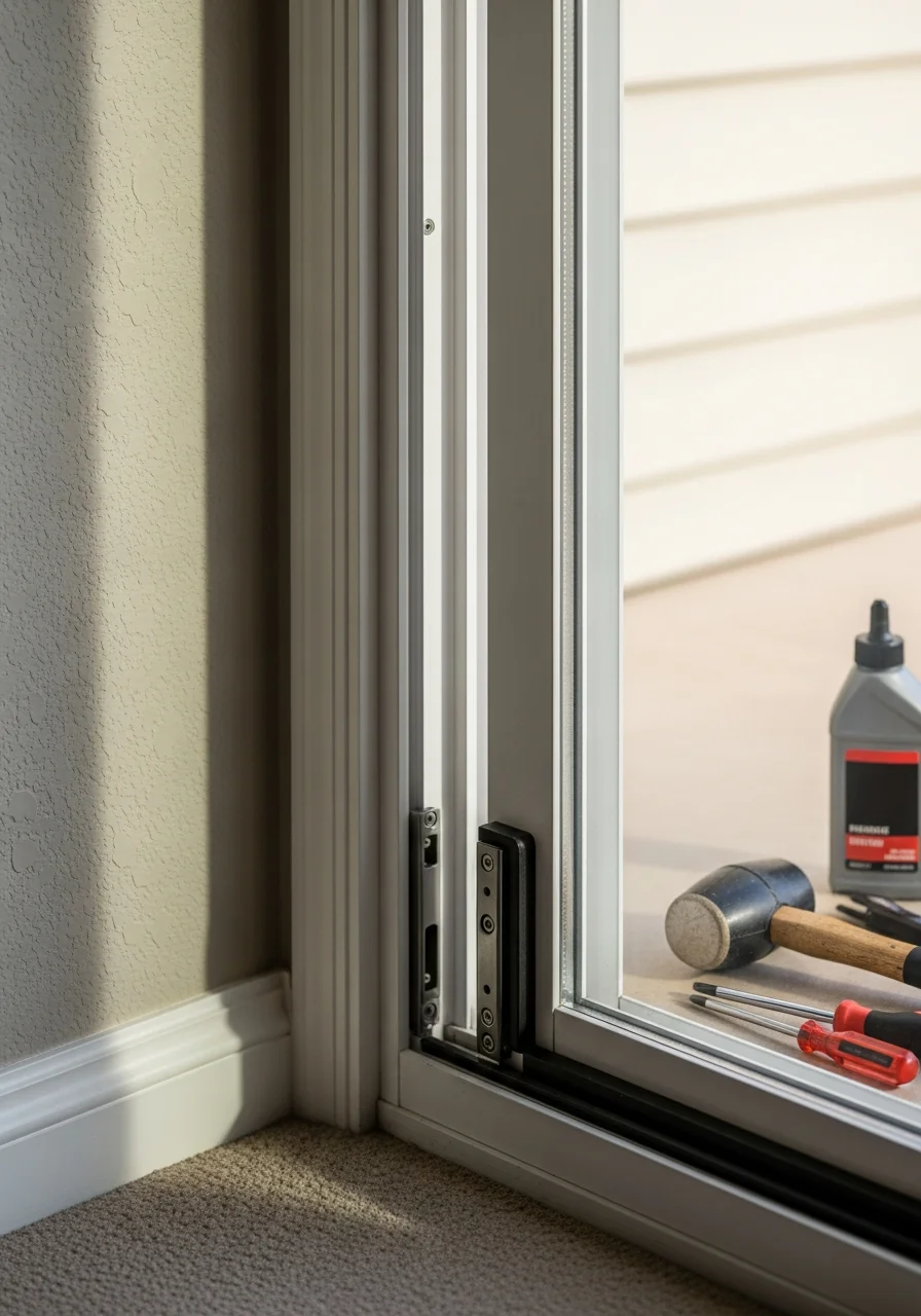 Professional door repair technician servicing sliding glass door in Broomfield home