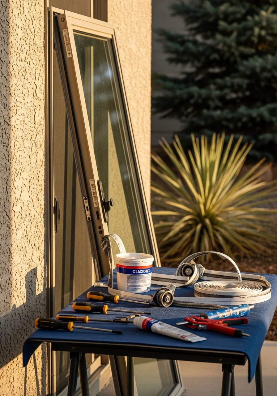 Sliding glass door and window repair service in progress at Centennial home