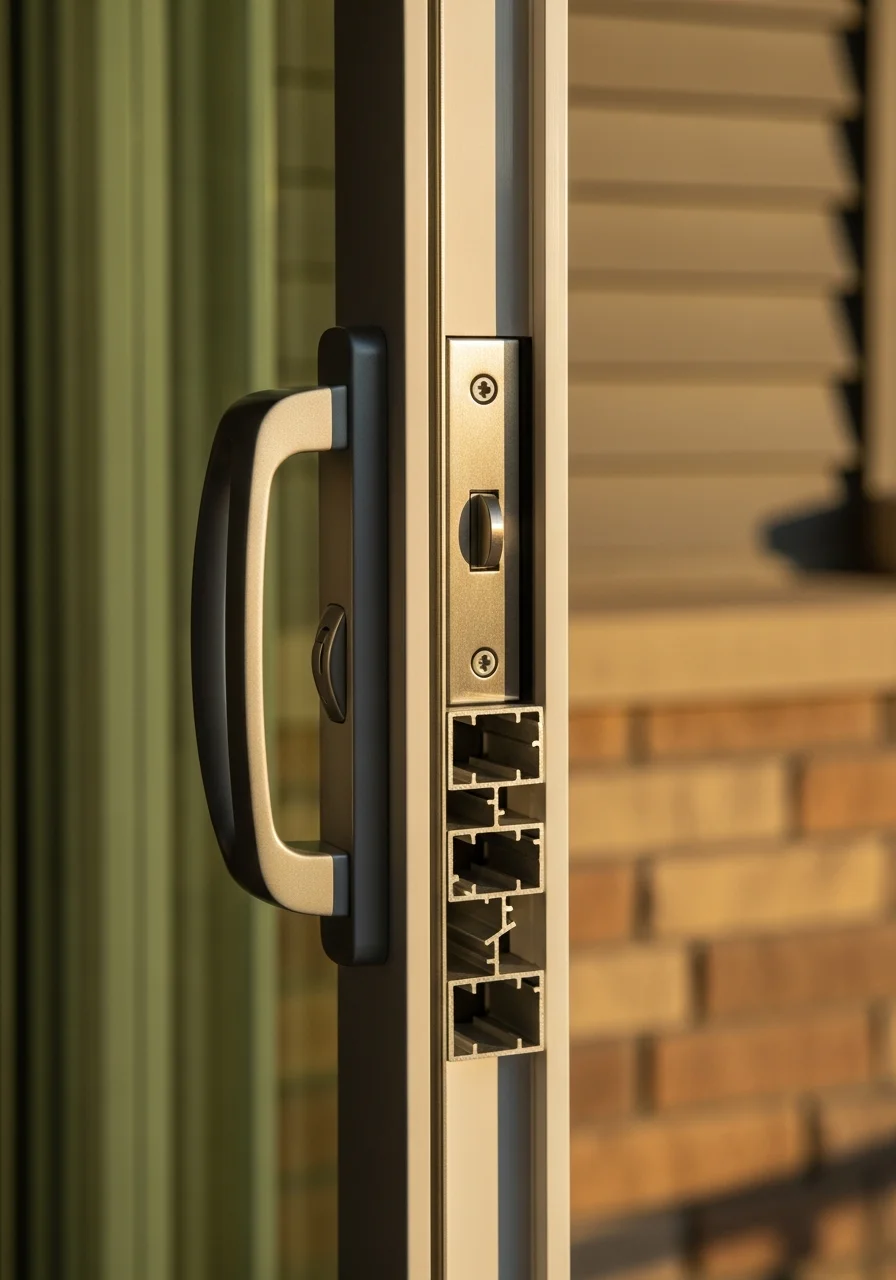 Close-up of sliding glass door with modern handle and track system