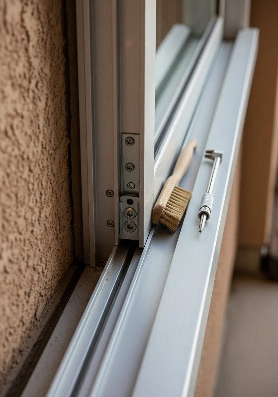 Close-up of professional door repair work on a sliding glass door track