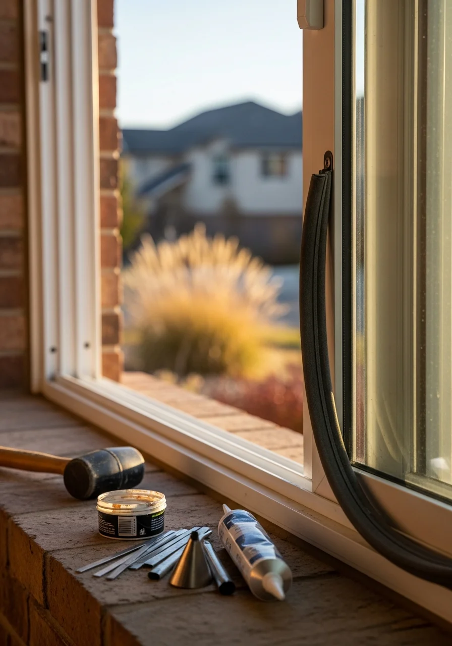 Close-up of sliding glass door and window repair work on Thornton home