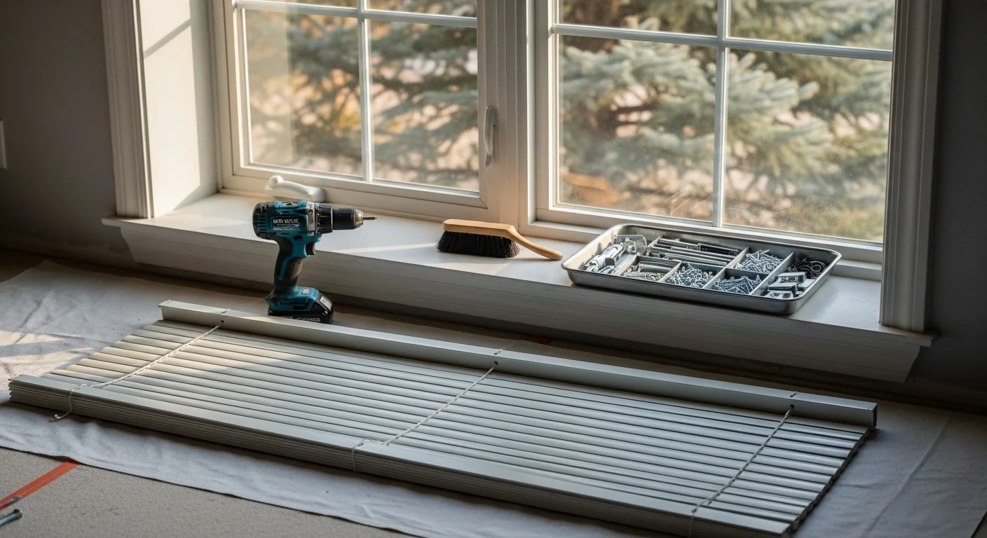 A Denver, CO window opening with blinds fully removed and clean wall anchors cleared, showing bare window trim ready for new treatment installation. A facility maintenance technician stands beside the window holding removed blind hardware.