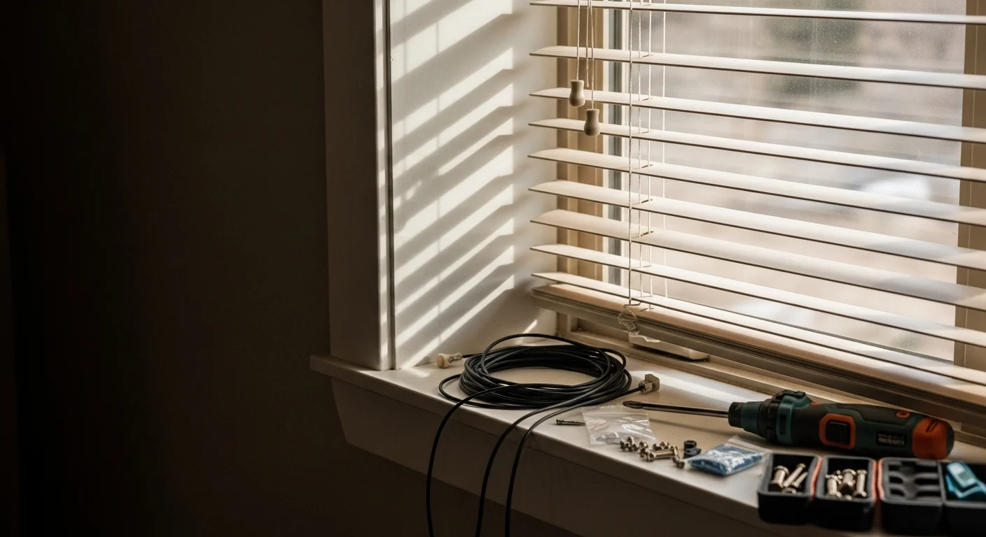 A technician from Full Moxie Facility Maintenance restringing a horizontal window blind inside a Denver home with bright natural light coming through the window. Close-up view shows the lift cord mechanism being repaired on a set of intact slats.