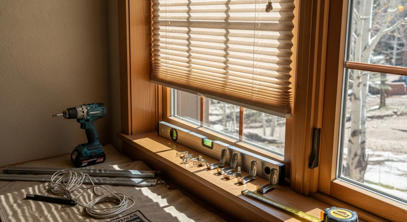 A Denver facility maintenance technician installing new window blinds inside a residential room with bright natural light coming through the window. The finished blinds hang level with clean hardware mounted to the window frame.