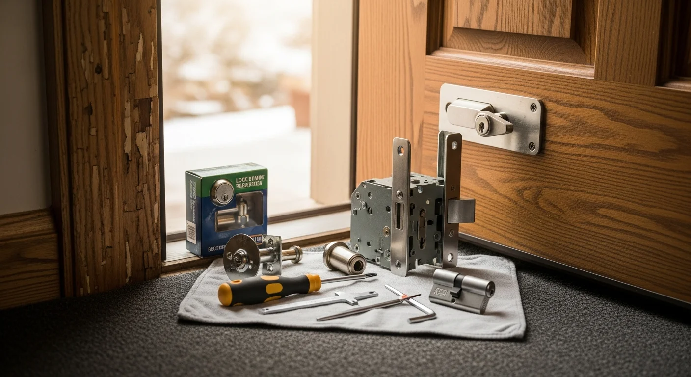 A technician inspecting and repairing a commercial deadbolt lock on a door at a Denver, CO property. Close-up view of the lock cylinder and strike plate being assessed during an on-site service call.