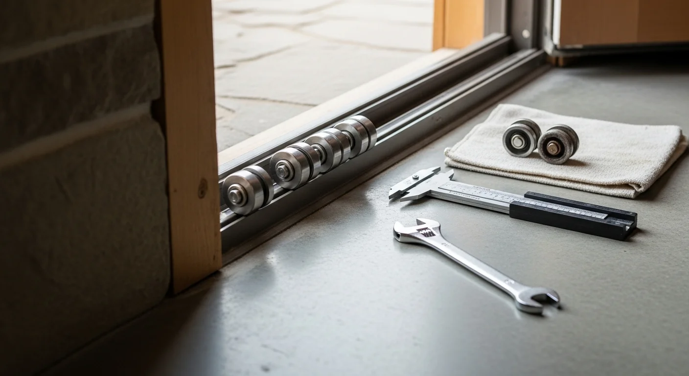 A door technician replacing a worn roller on a commercial overhead door at a Denver, CO property. The track and roller hardware are visible with the door panel partially raised during the repair.