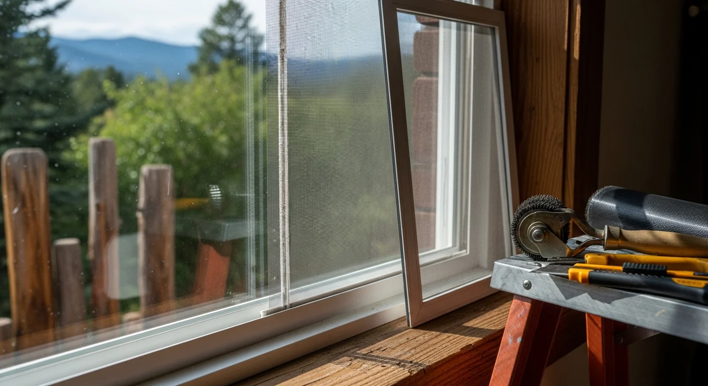A technician from Full Moxie Facility Maintenance re-screening a commercial window frame on a Denver, CO office building. The repaired screen shows taut, undamaged mesh fitted flush against the window frame.