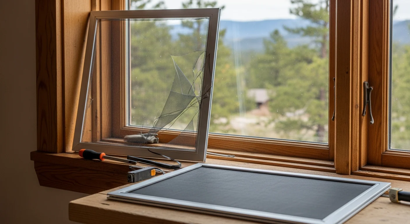 A freshly replaced window screen installed in a Denver home, showing taut mesh and a clean aluminum frame against a clear Colorado sky. Close-up view highlights the secure spline edge and undamaged mesh after professional replacement service.