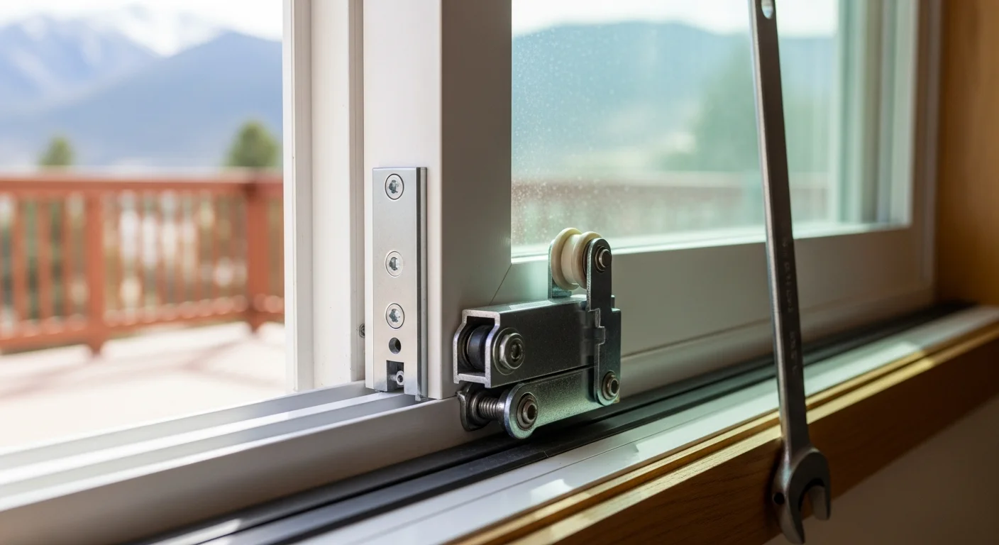 A repaired sliding glass door on a Denver residential patio, showing a clean track and properly aligned glass panel. A technician from Full Moxie Facility Maintenance inspects the roller hardware at the base of the door frame.
