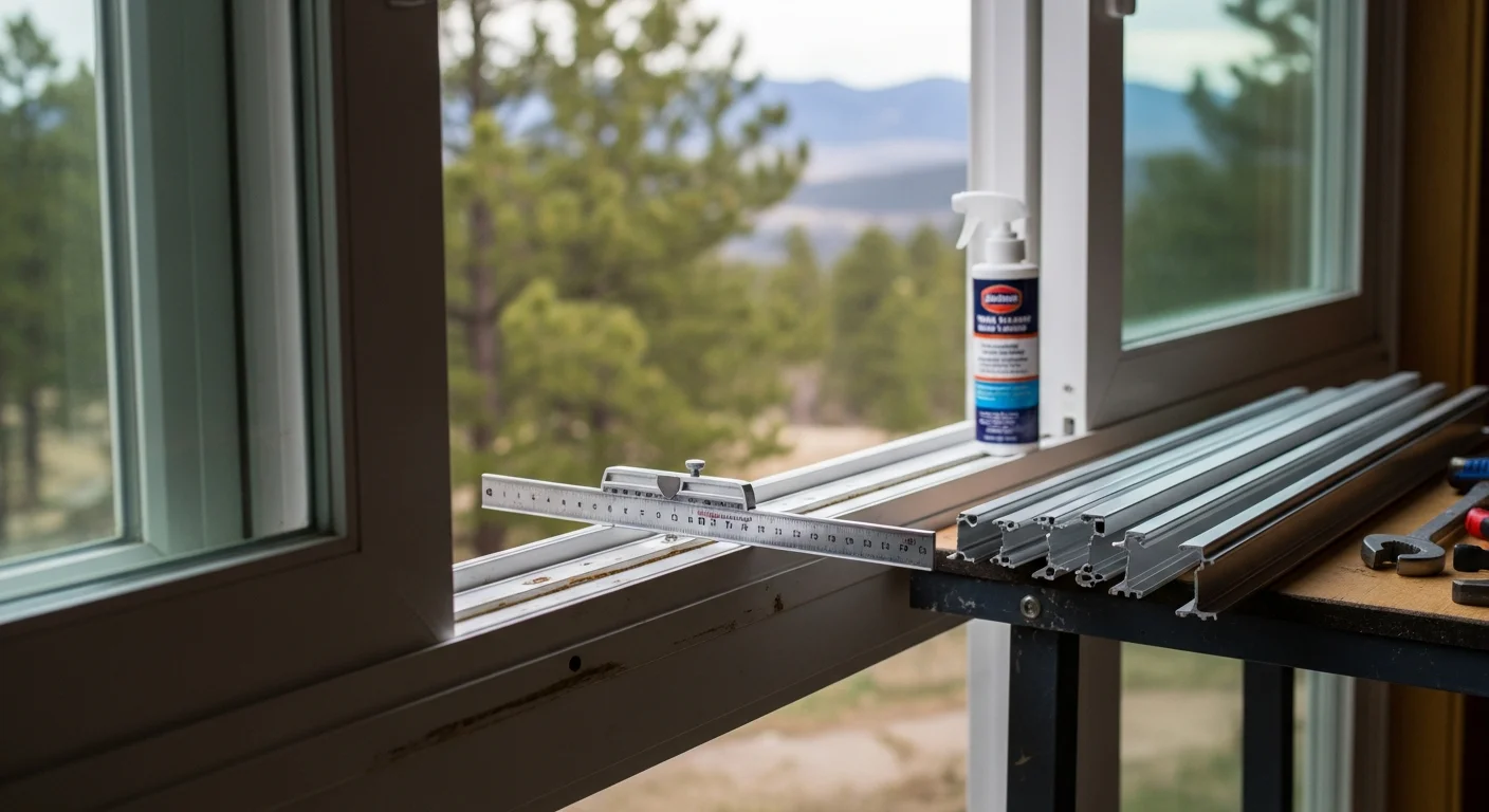 A technician inspecting and realigning a bent door track on a commercial property in Denver, CO. The repaired track is flush against its mounting bracket with the door sitting level in the frame.